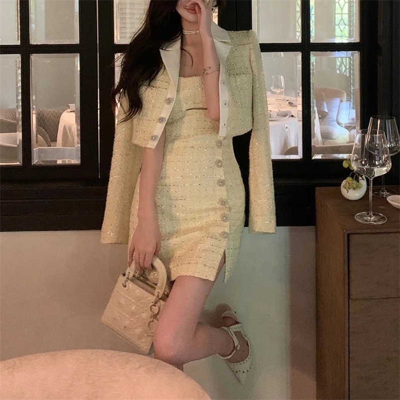 Embellished Cropped Women Tweed Blazer French Style Hollow Suspenders Mini Dress Cropped Jacket Autumn in Two Pieces Set 240223