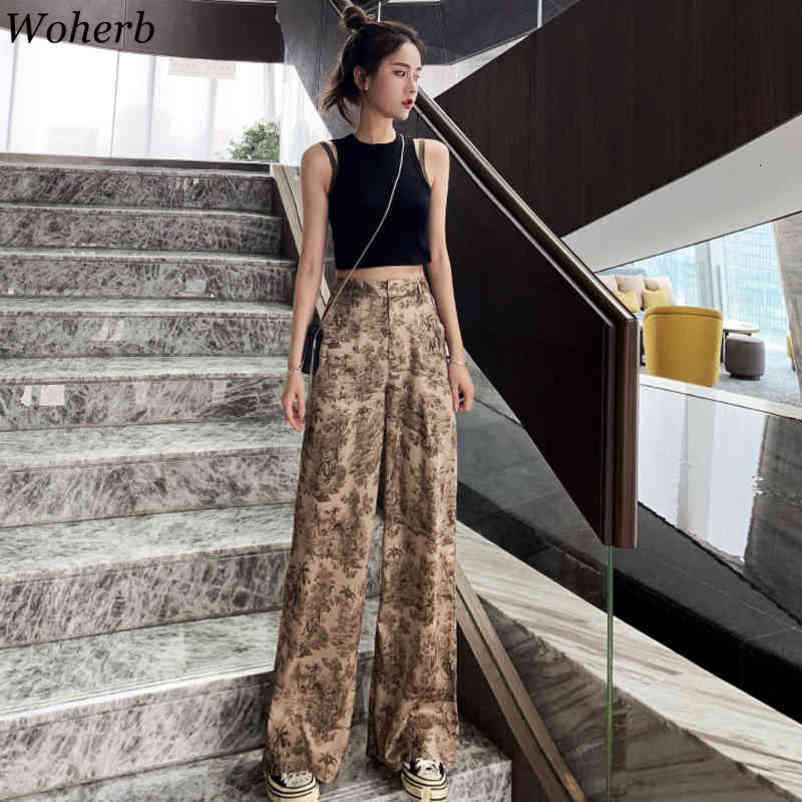 Korean Style Wide Leg Pants Women Vintage Harajuku Print High Waist Trousers Summer Female Palazzo Pants 22828 210417