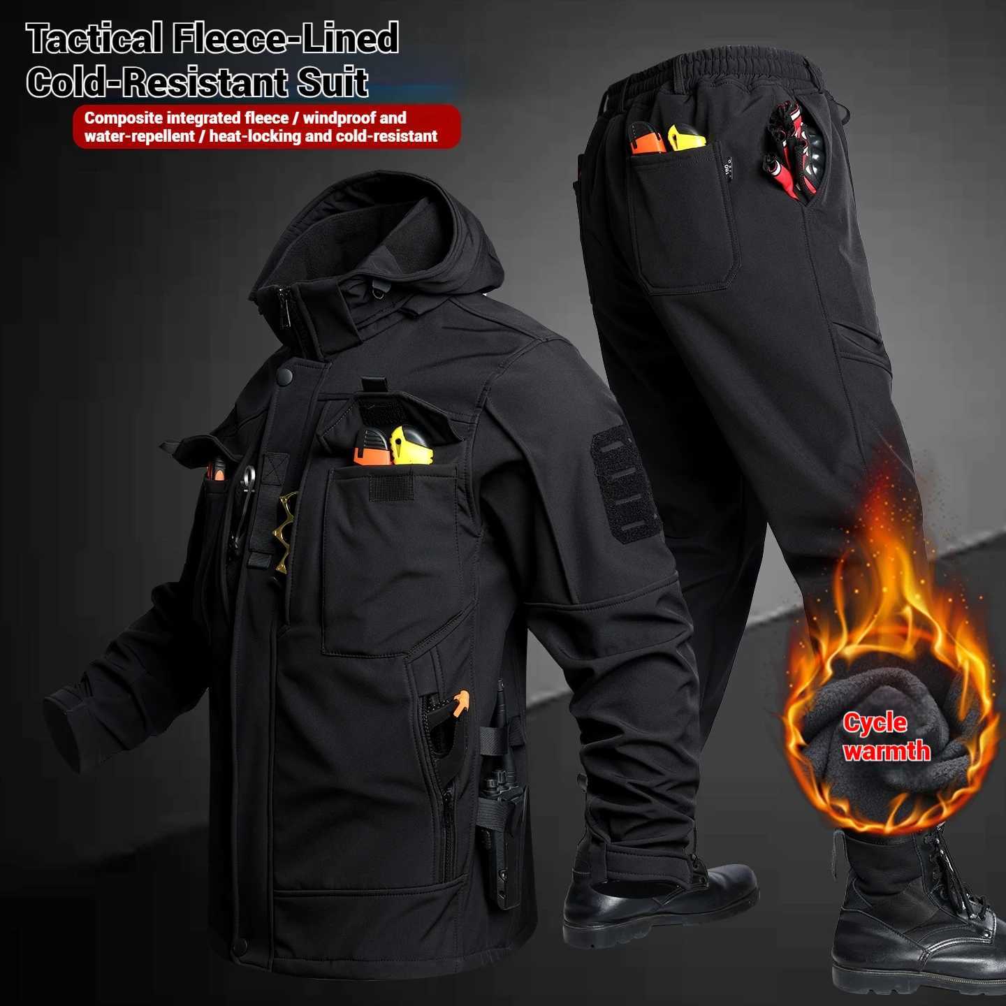 Mens Tactical Soft Shell Jacket Pants Set Waterproof Windproof Winter Fleece Lined Work Suit Outdoor Sports W250928