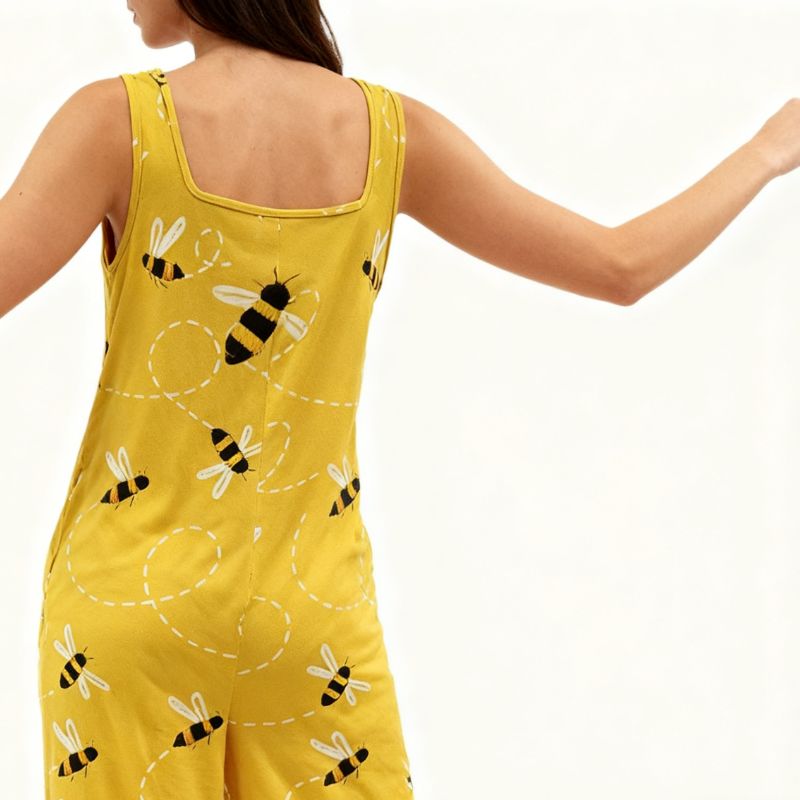 Women's Cute Bee Print Sleeveless Jumpsuit - Milk Silk Casual Grassland Vacation Romper with Pockets-CF50949