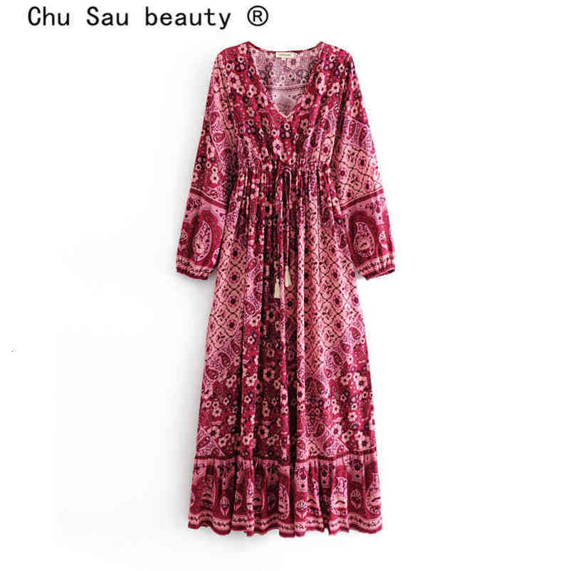 Bohemian Chic Floral Print Maxi Dress Women Holiday V-neck Tassel Fashion Beachwear Female Autumn Bow Sashes Long Dresses 210508