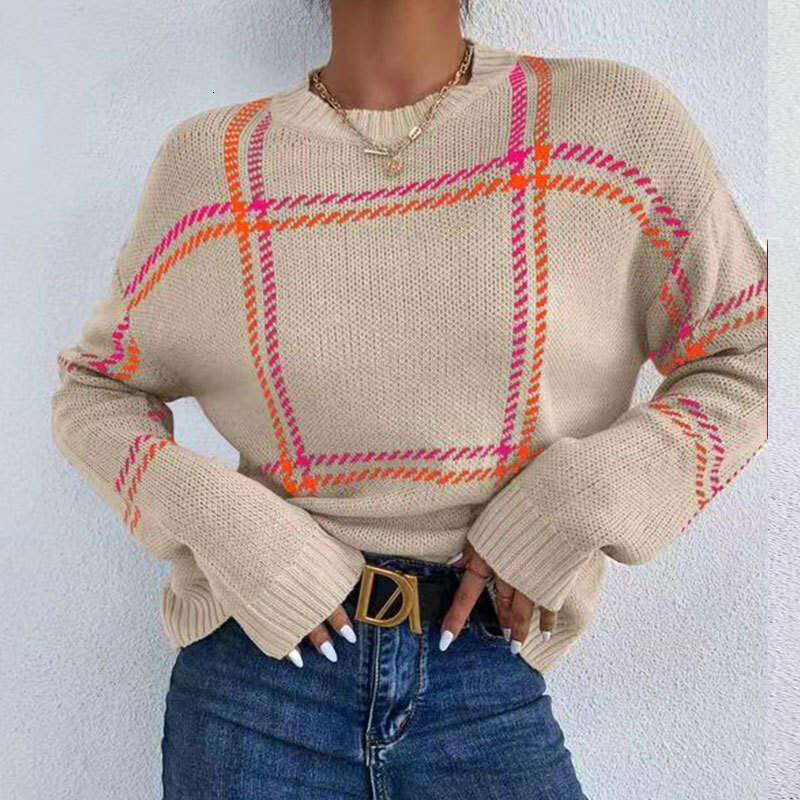 Yangyang Autumn Winter New Plaid Color Block Sweater for Women Casual Versatile Long Sleeve Round Neck Pullover Knitwear