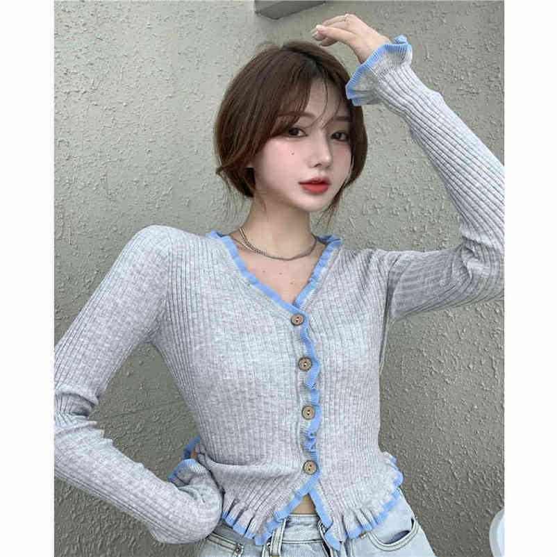 MATAKAWA Ruffle Gray Knitted Cardigan Women's Spring Single Breasted Sweters for Women Long-sleeved Jacket Slim Short Top 210513