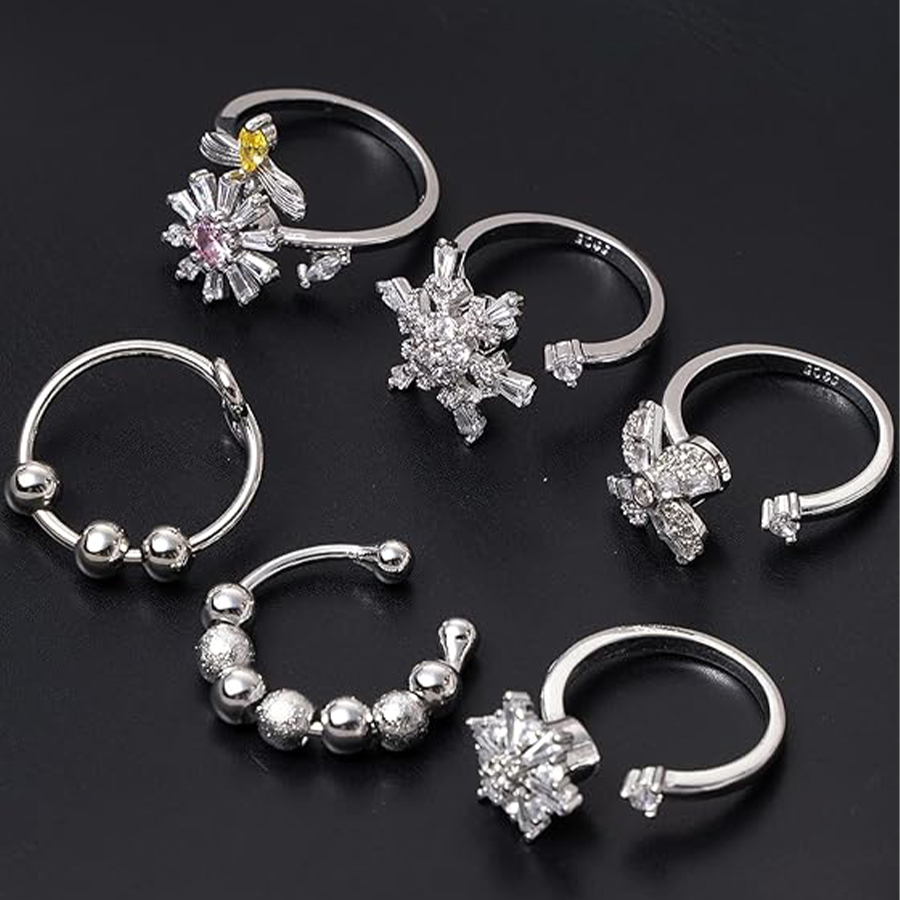 6Pcs Relieve Anxiety Rings CZ Beads Star Sunflower Snowflake Fidget Relief Spinner Adjustable Open Rings Set for Women Men Stackable Rings Wedding Wor