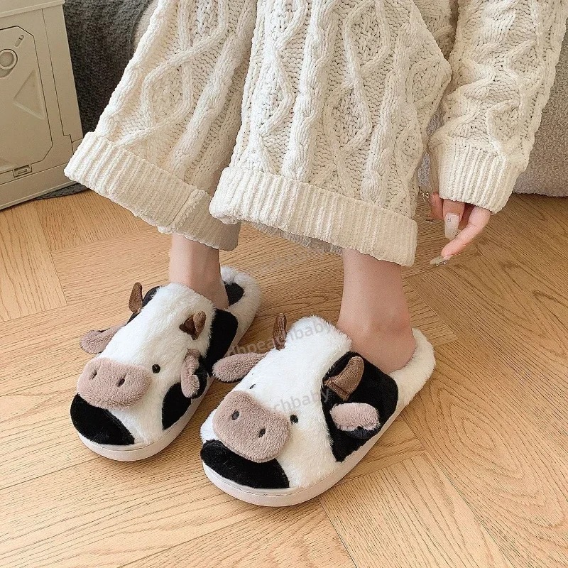 Plush Cow Print Flats for Men Women Comfortable Indoor Non-Skid Footwear Toecover Feature Winter warm cotton shoes Toe Wrap Warm Plaid Cotton Slippers