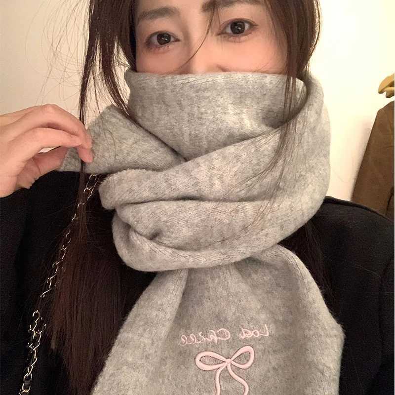 Womens Winter Scarf New Japanese Style Cute Bow Scarf Featuring Cold Proof Warm Neck Protecting Kawaii Knitted Scarf Embroidery L250928