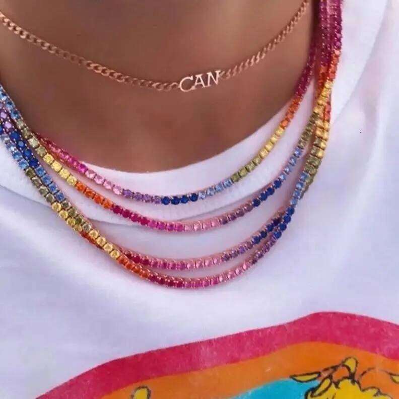 2025 New Iced Out Bling 16" 18" Rainbow Colorful Cubic Zirconia CZ 5mm Tennis Chain Women Men Charm Choker Necklace Jewelry Gift