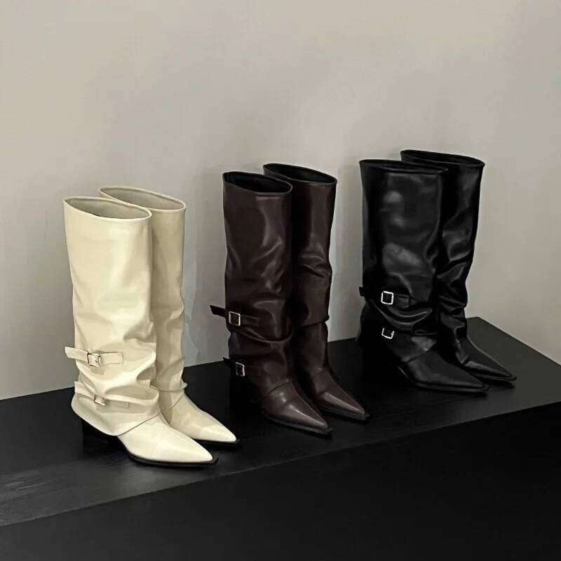 Designer Women's Spring Cosy Pointed Toe Woman Shoes Fashion Sexy Knee-High for Women Belt Buckle Thick Heel Boots