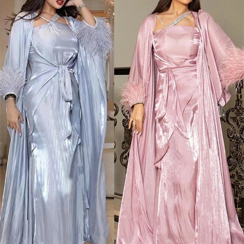 Morocco Muslim Dress 3 Piece Set Abaya Kaftans Feather Evening Dresses Women Dubai Turkey Islam Long Robe Femme Vestidos 240712