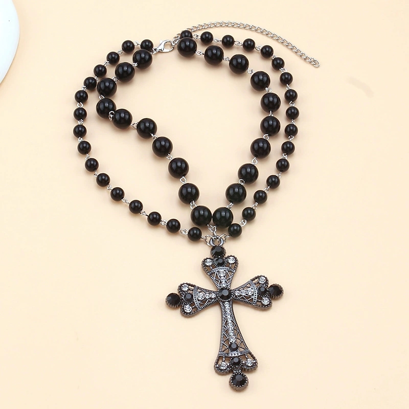 Hip-Hop Inspired Black Cross Earrings with Fake Pearls