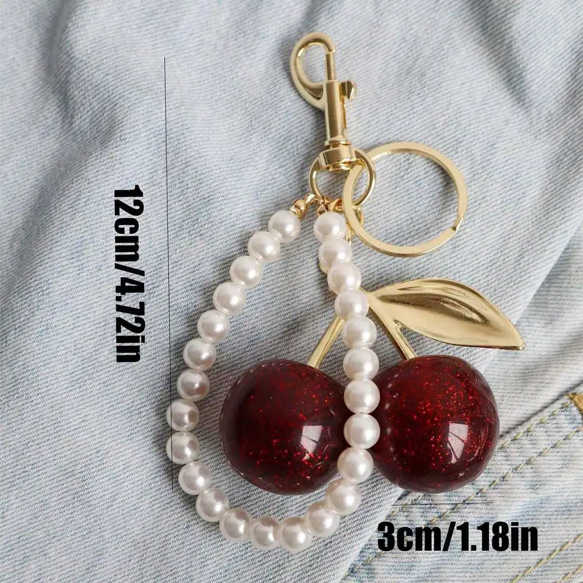 Luxury Chic Cherry Keychain with Fake Pearls Chain Pendant Womens Wallets Bags Accessories Travel Accessories Purse Strap Diy Bag Y250929as