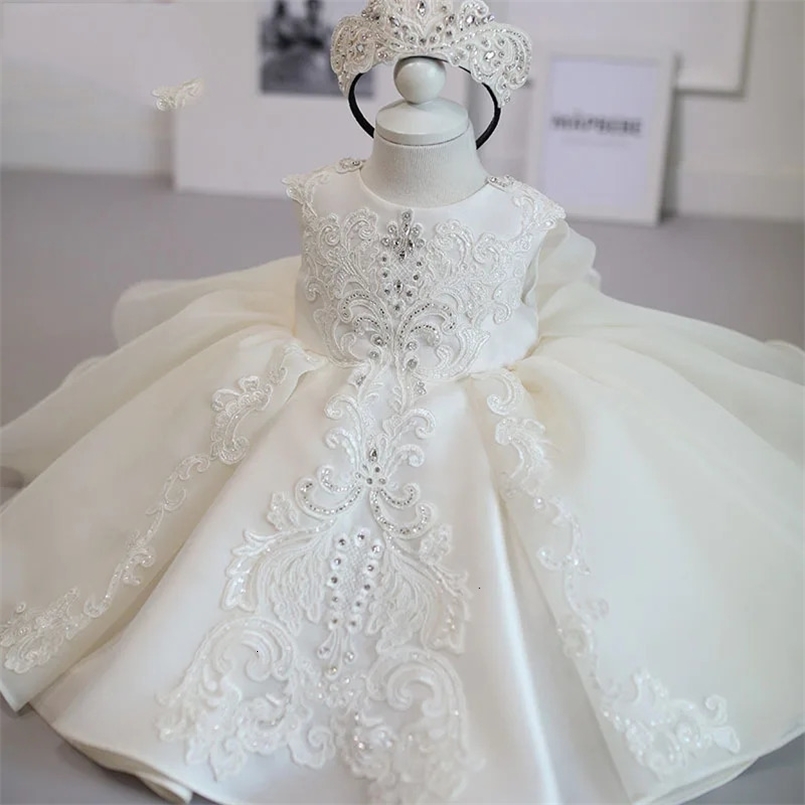 White Baby Girl Dress Children 1 Year Birthday Princess Dress Little Girl Flower Dresses Party and Wedding Baptism Dress Infant 250207