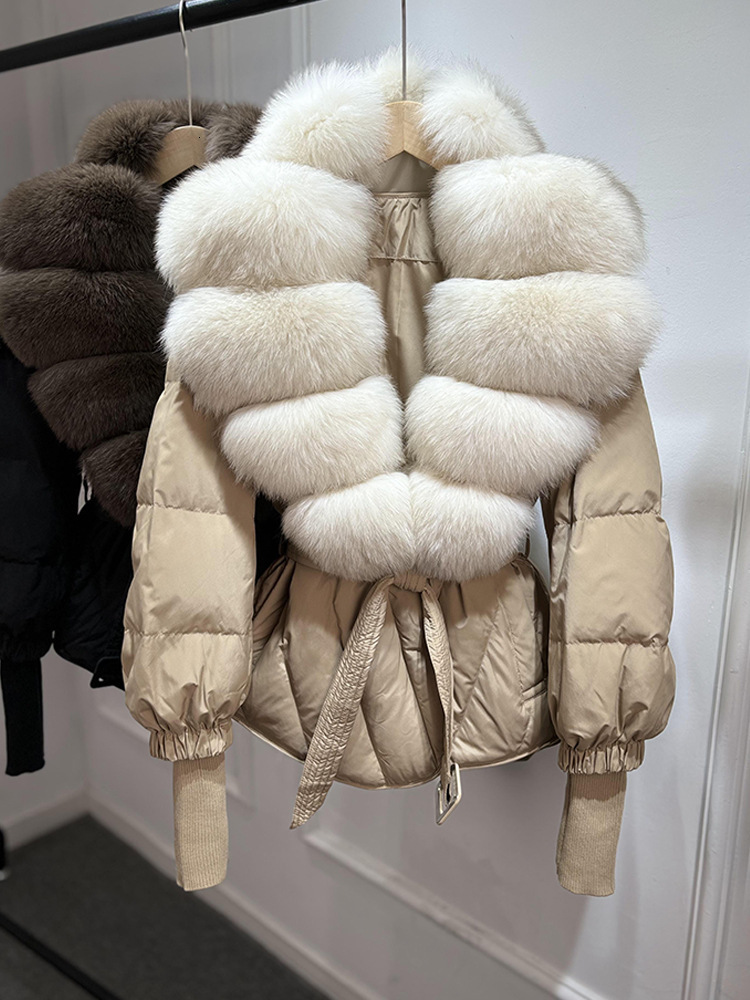 2025 Dongdaemun New Style Knitted Sleeve Belt Fashion Women's Short Down Jacket with Fox Fur Collar