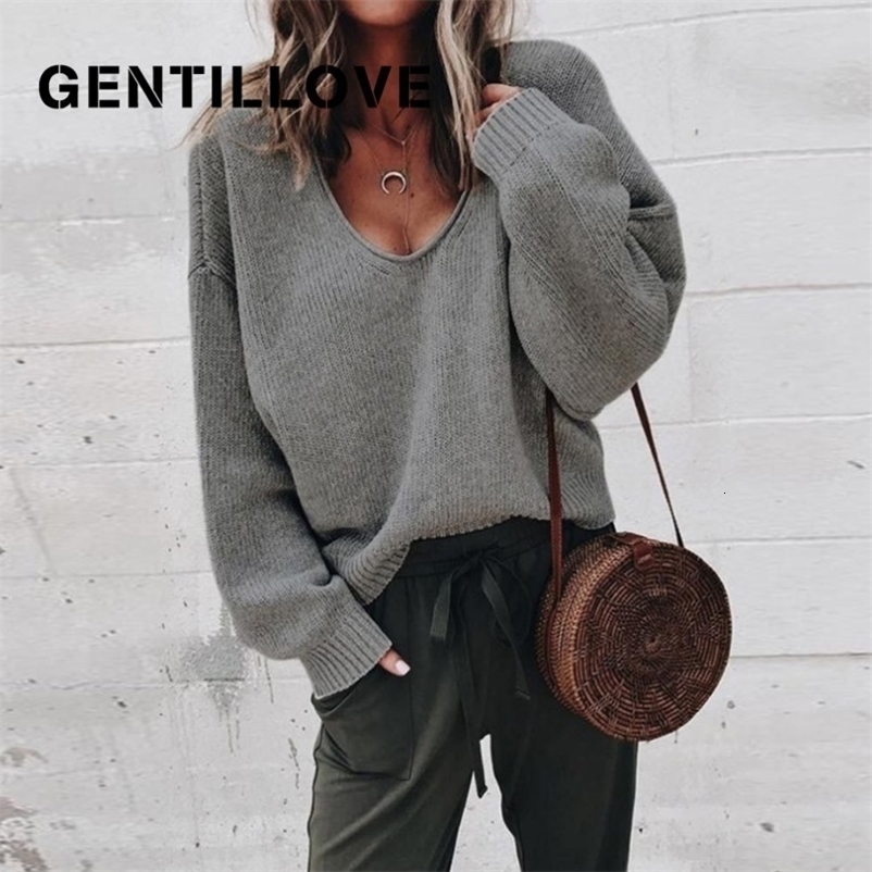 Autumn Winter Fashion Women's Sweater Casual Knitted Sweater Women Streetwear V Neck Long Sleeve Pullovers Loose Solid Coat 201031