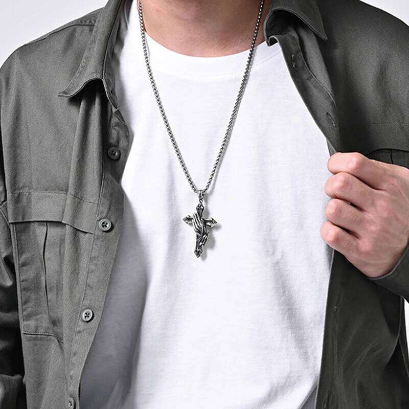 Vintage Praying Hands Cross Pendant Necklace hip-hop Stainless Steel Chain Neck Accessories Hip Hop Rock Jewelry 2025 Gifts