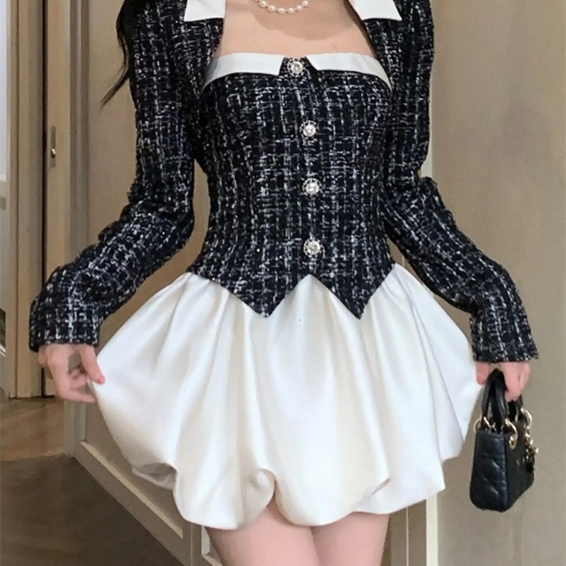 Korean Elegant Tweed 2 Piece Dress Set Black Short Blazer Coat Sweet Y2k Mini Dresses Women Autumn Fashion Suit OL Clothes 240223
