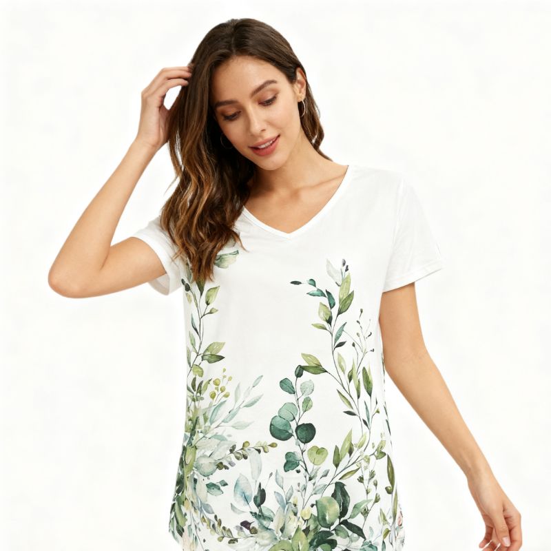 Women's V-Neck Short Sleeve Floral Leaf Print Casual T-Shirt-CF25495