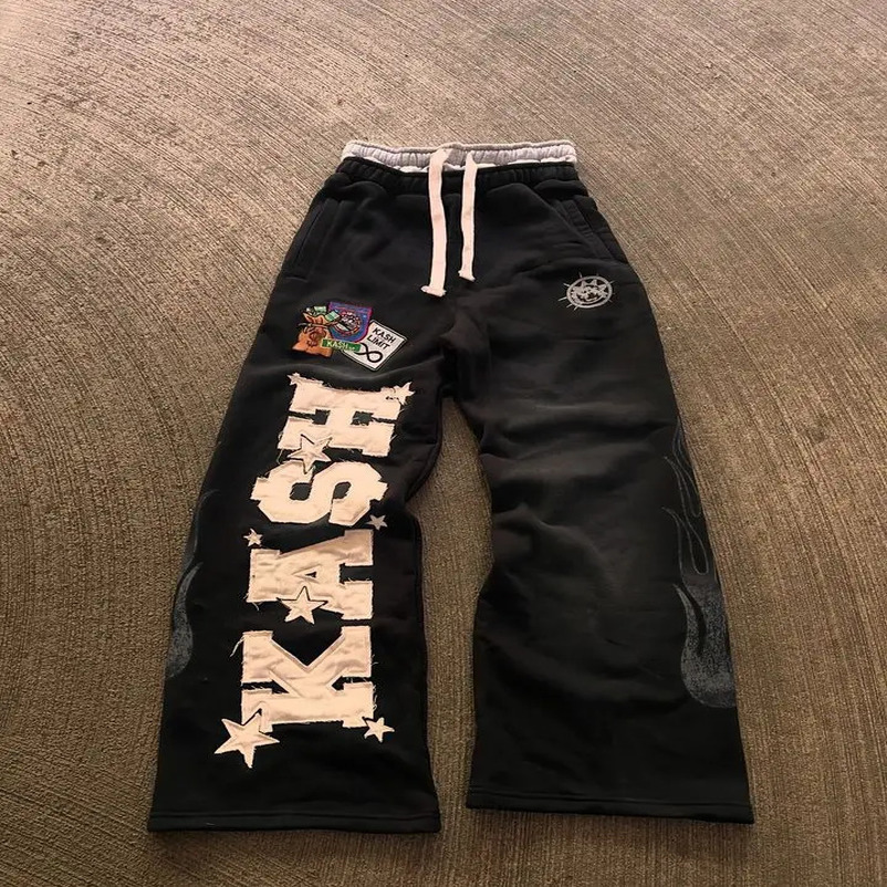 Streetwear Retro Double Layer Sweatpants Y2K Pants Men Women Gothic Hip Hop Letter Patch Baggy Elastic Waist Jogging Casual Pant 250106
