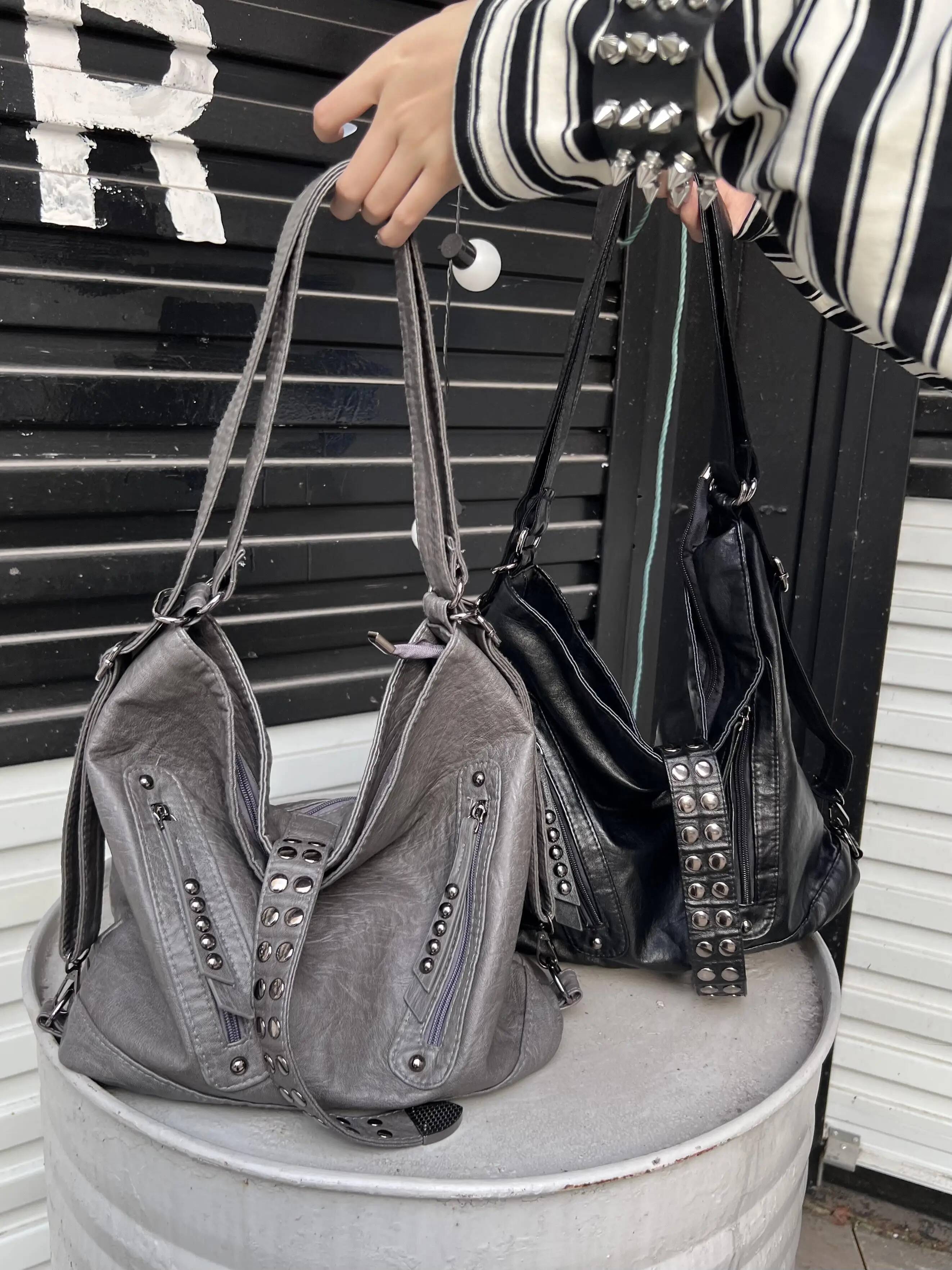 Retro Rivet Spice Girl Handbag Large Capacity Commuter Backpack Pu Leather Slack Shoulder Bags Women's Bag high-quality