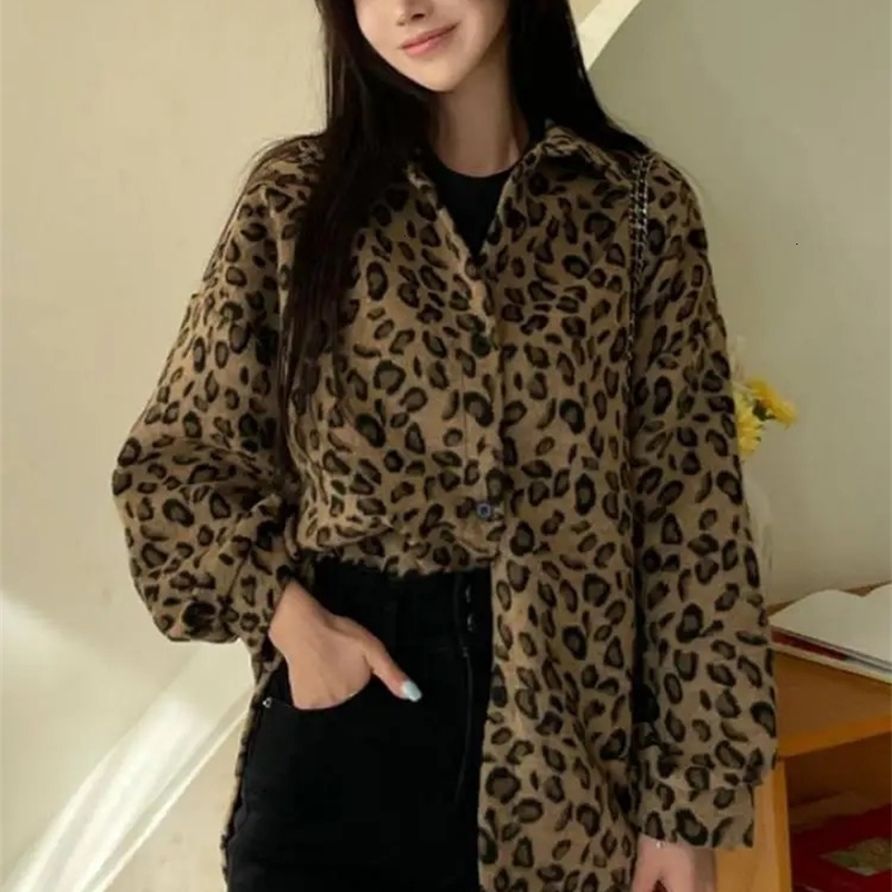 Autumn and winter womens brown leopard print jacket retro casual wool coat Korean single chest warm thick coat Harajuku 241019