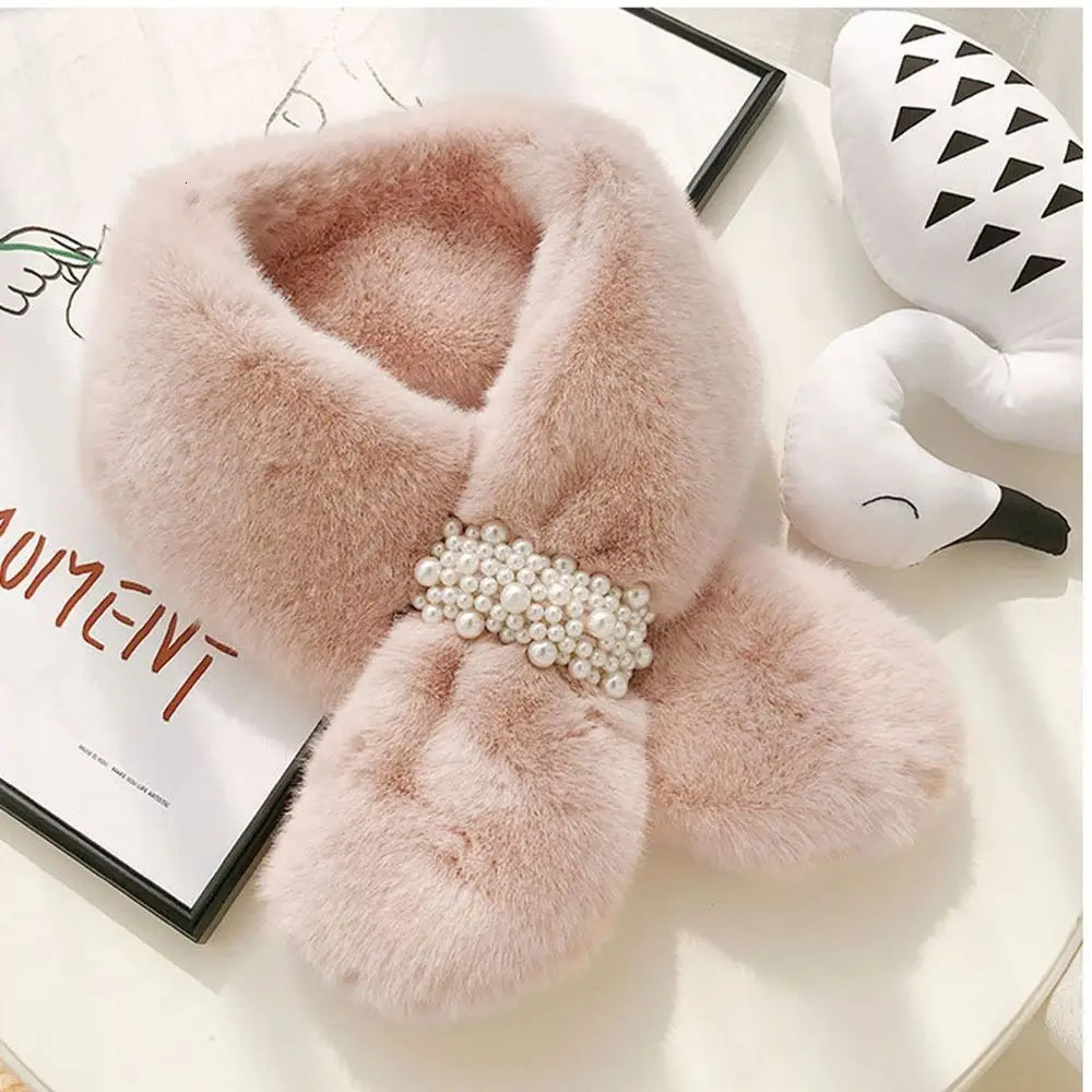 Women Winter Warm Thicken Elegant Pearl Cross Collar Scarf Solid Color Faux Rabbit Fur Plush Elegant Shawl Scarfs 250928