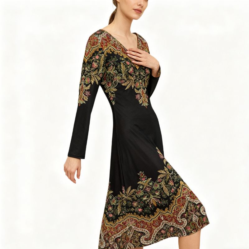 Women's Long Sleeve V-Neck Vintage Paisley Print Midi Dress - Autumn Winter Elegant Office Commute Style-CF40381