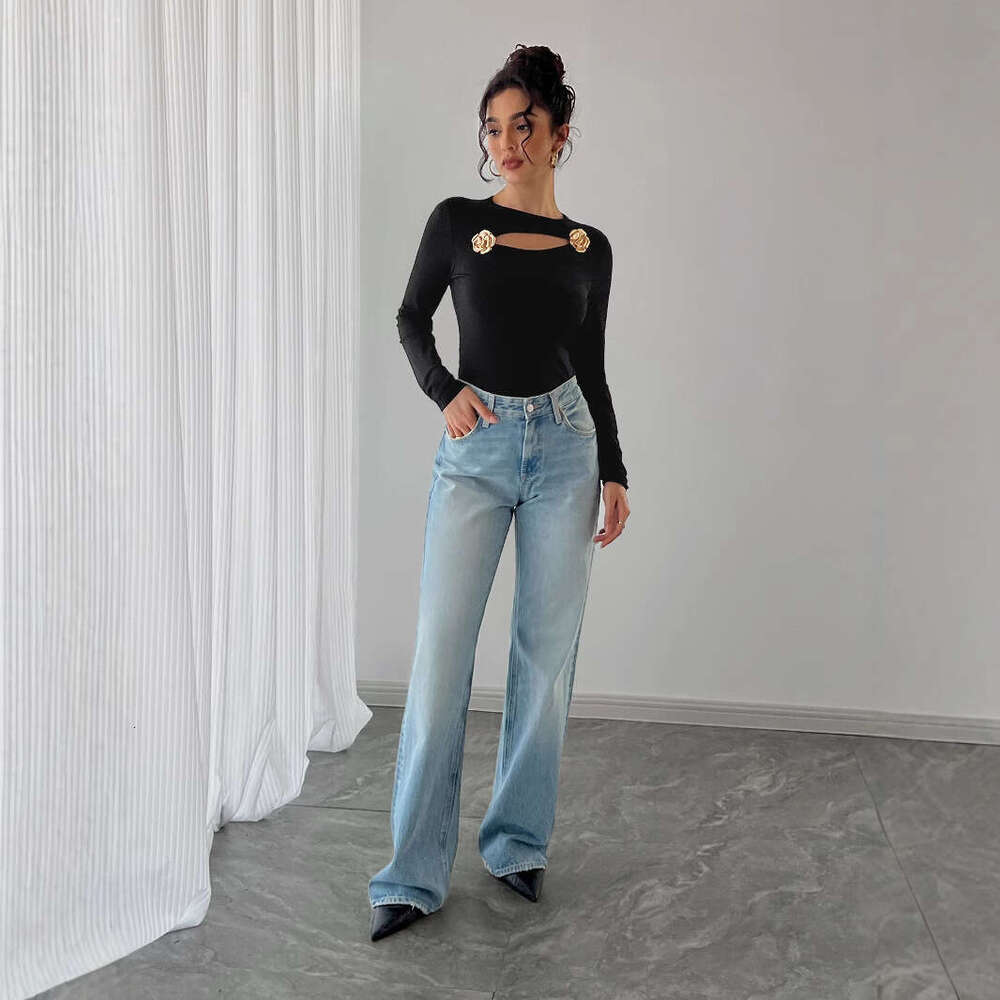 2025 Autumn Winter New Women Hollow Out Rose Metal Decoration Black Tight Long Sleeve T-shirt Tops