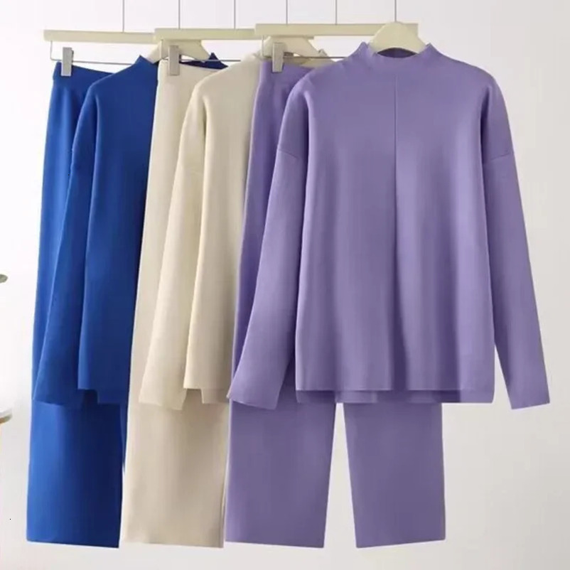 Womens Two Piece Pants Fashion pants set womens track and field clothing autumn winter casual loose fitting sweater wide leg knitting twopiece 231118w