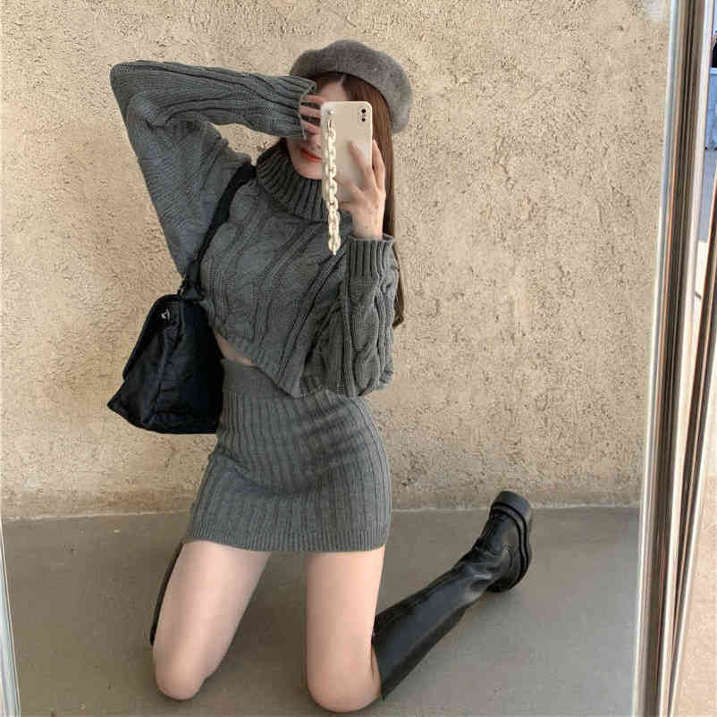 Lucyever Spring 2 Pieces Sets Women Fashion Twist Knitted Turtleneck Navel Sweaters Woman High Waist Hip Skirt Female 210521wtt