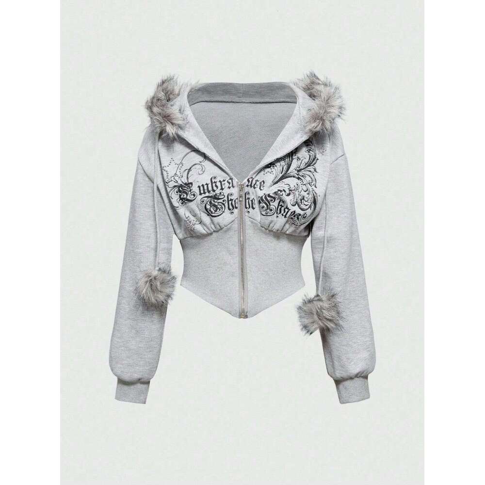American Style Fur Collar Patchwork Cardigan Sweatshirt Casual Zipper Waist Slimming Short Jacket Top