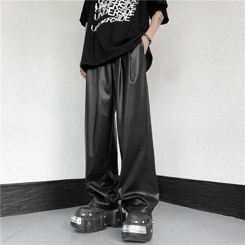 Mens Spring and Autumn Straight Pants Simple Elastic Waist Mop Wide Leg Pu Leather Pants 240712