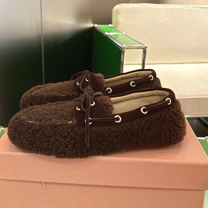 Womens Autumn Winter fluffy Furry Wool warm flat Shoe Loafer 2025 Ladies New Bean Shoes luxury Shearing ballet flat slip-ons Designers shoe woman Loafers