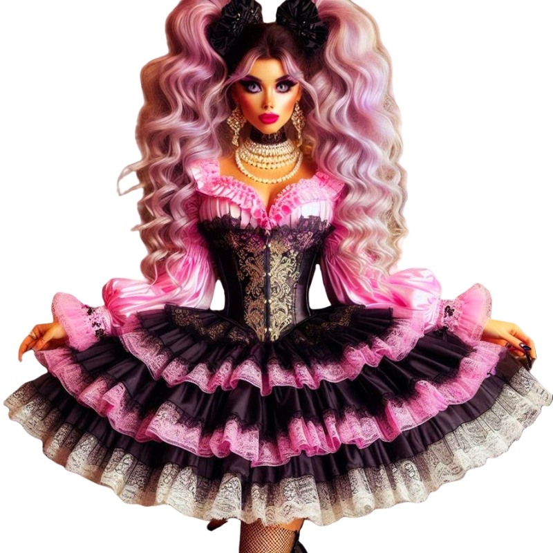 Vintage Long Sleeves Lolita Prom Dresses Ruffles Tiered Pink And Black Cosplay Party Ball Gown Sweetheart Corset Evening Wear