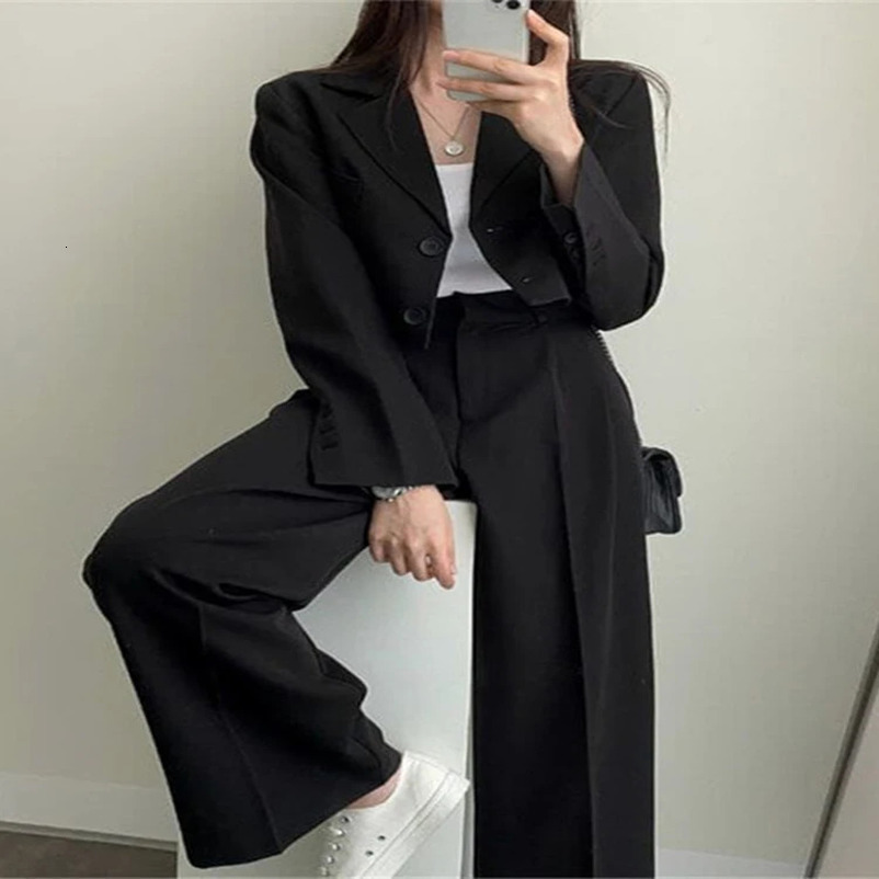Two Piece Sets Women Outifits Fall Office Lady Pants Korean Blazer Suits Long Sleeve Fashion Coat Black High Waisted 240226wtt