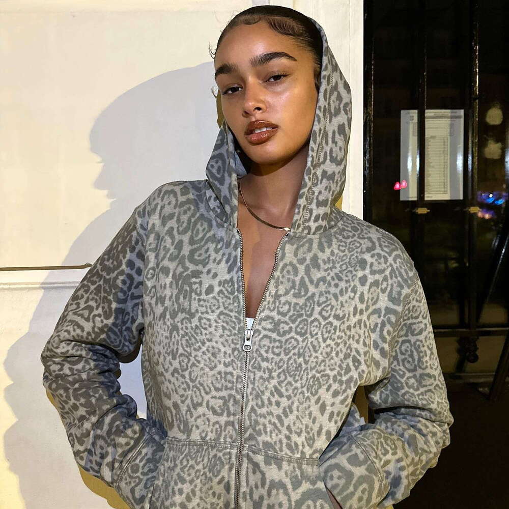 Autumn New American Style Leopard Digital Print Hoodie Loose Zipper Cardigan Sweatshirt