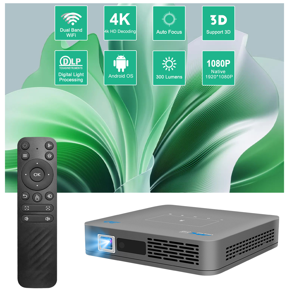 4K 3D Smart Projector Dual Band WiFi 2.4G/5G Bluetooth 5.4 1080P DLP Auto Focus Keystone Correction Home Theater Projector Android OS 300 Inch Screen 