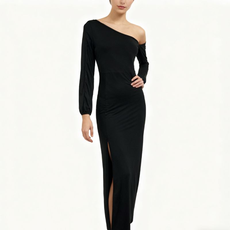 Women's French Elegant Black One-Shoulder Maxi Dress - Slit Party Evening Dress-CF52762