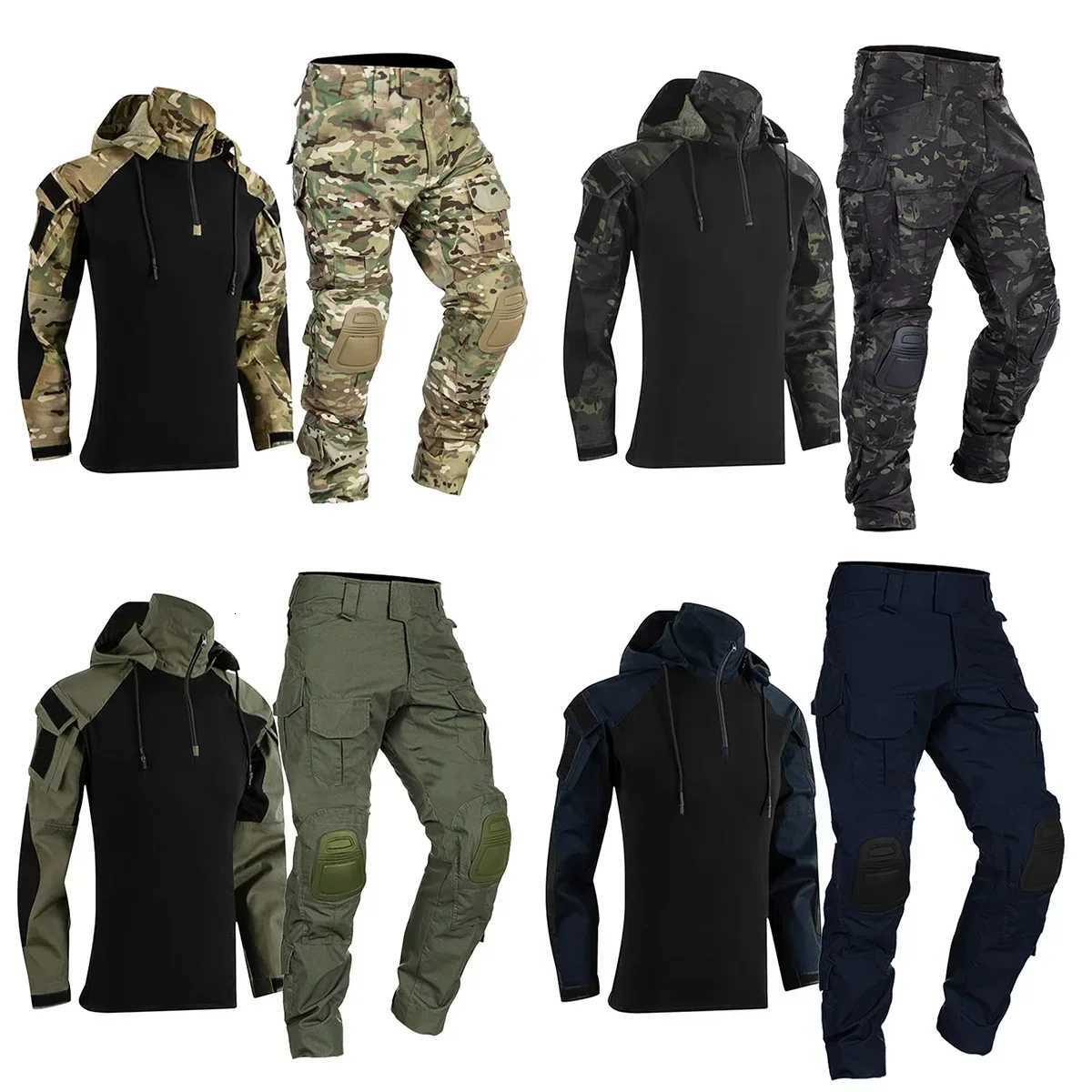 Softair Paintball Tactical Suits Worki Clothing Uniform Combat Camo Shirts Hood Cargo Pants Pads wearresisting Hunting Clothes W250928
