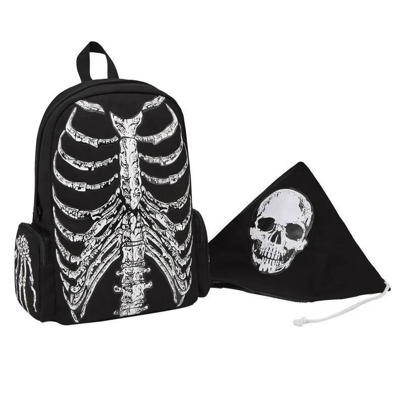 JIEROTYX Canvas Halloween Multifunctional School Bags Unisex Skull Skeleton Printed Backpack Gothic Designer Travel Bag high-quality