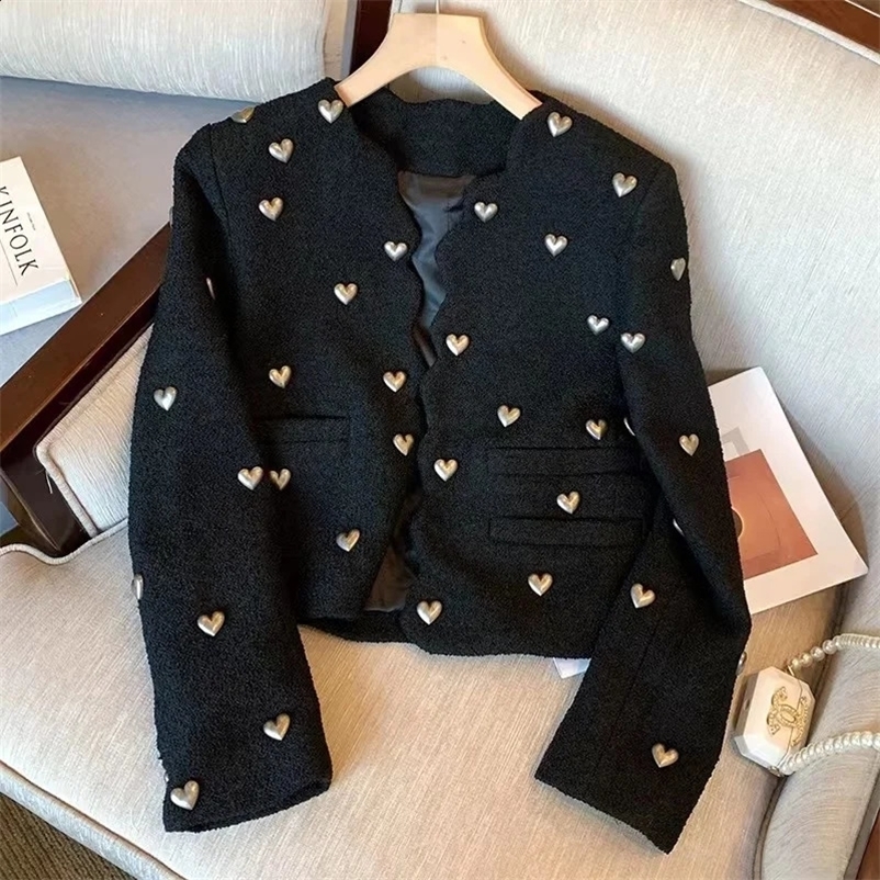 Fashion womens coarse woolen jacket er O-neck long sleeved wool jacket autumn winter jacket retro Korean 241120