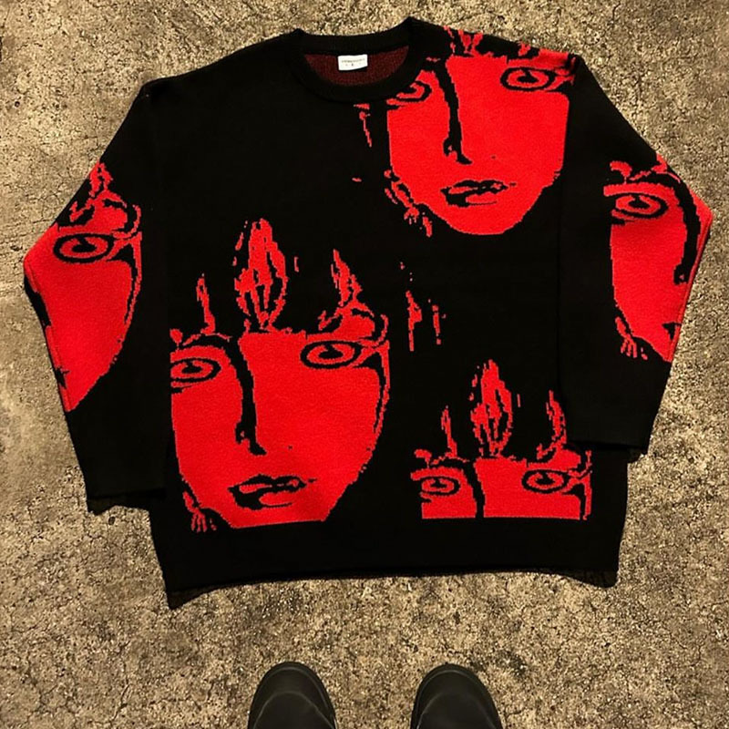Unisex Graphic Knit Sweater Y2K High Street Gothic Oversized Crewneck Pullover Harajuku Hip Hop Warm Jacquard Autumn Winter Tops