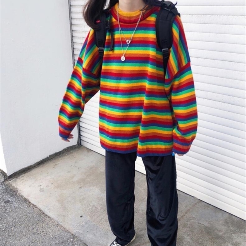 Colorful striped sweater women's autumn and winter loose round neck thick knit top 201023
