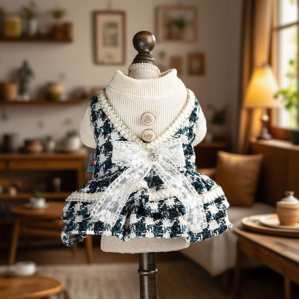 Dog Dress pet Supplies Apparel Pet Puppy Cat Clothes Autumn Winter New Blue Tone Noble Skirt