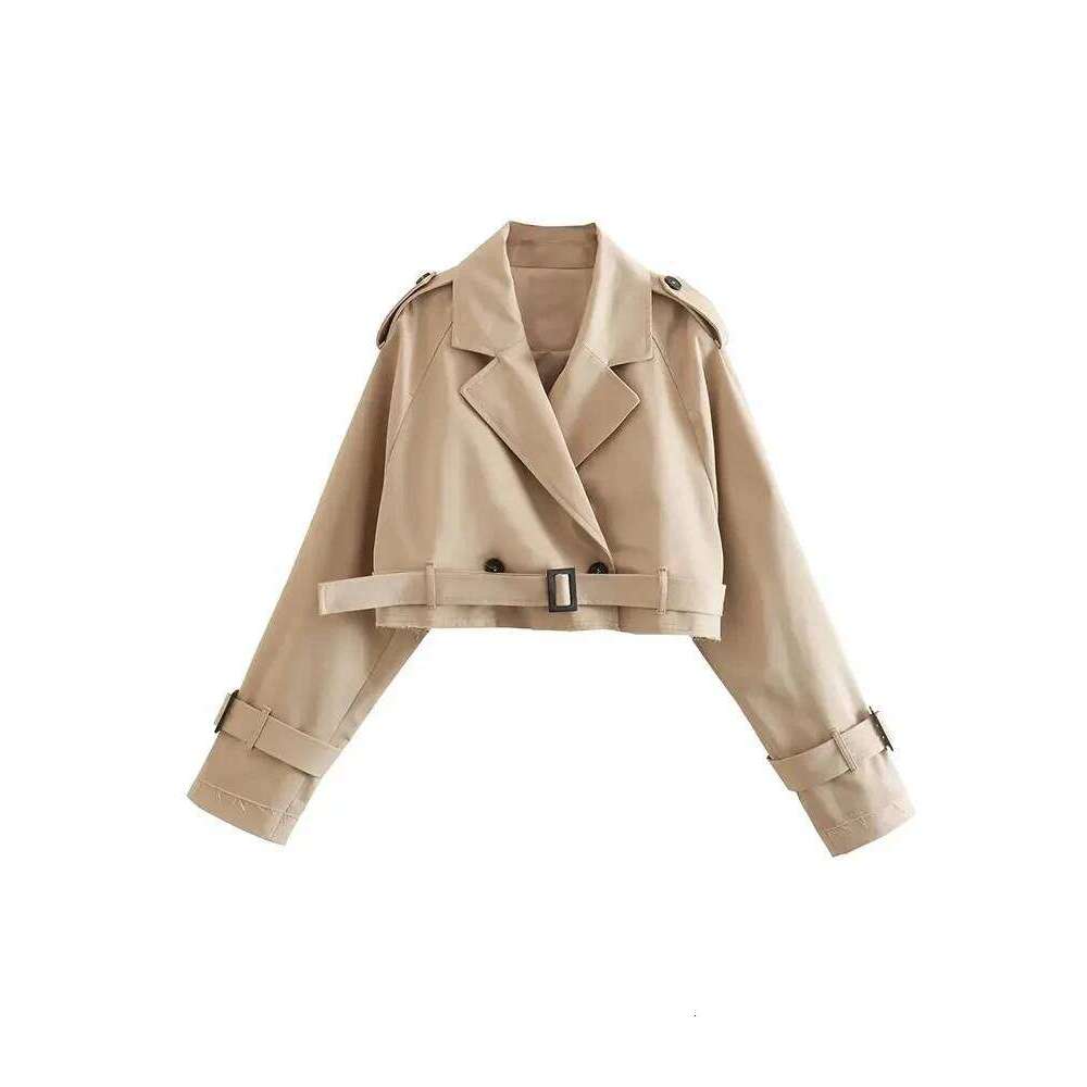 Belt Cropped Trench Spring Jacket Women Vintage Streetwear Double Breasted Long Sleeve Top Female Coat Outfits