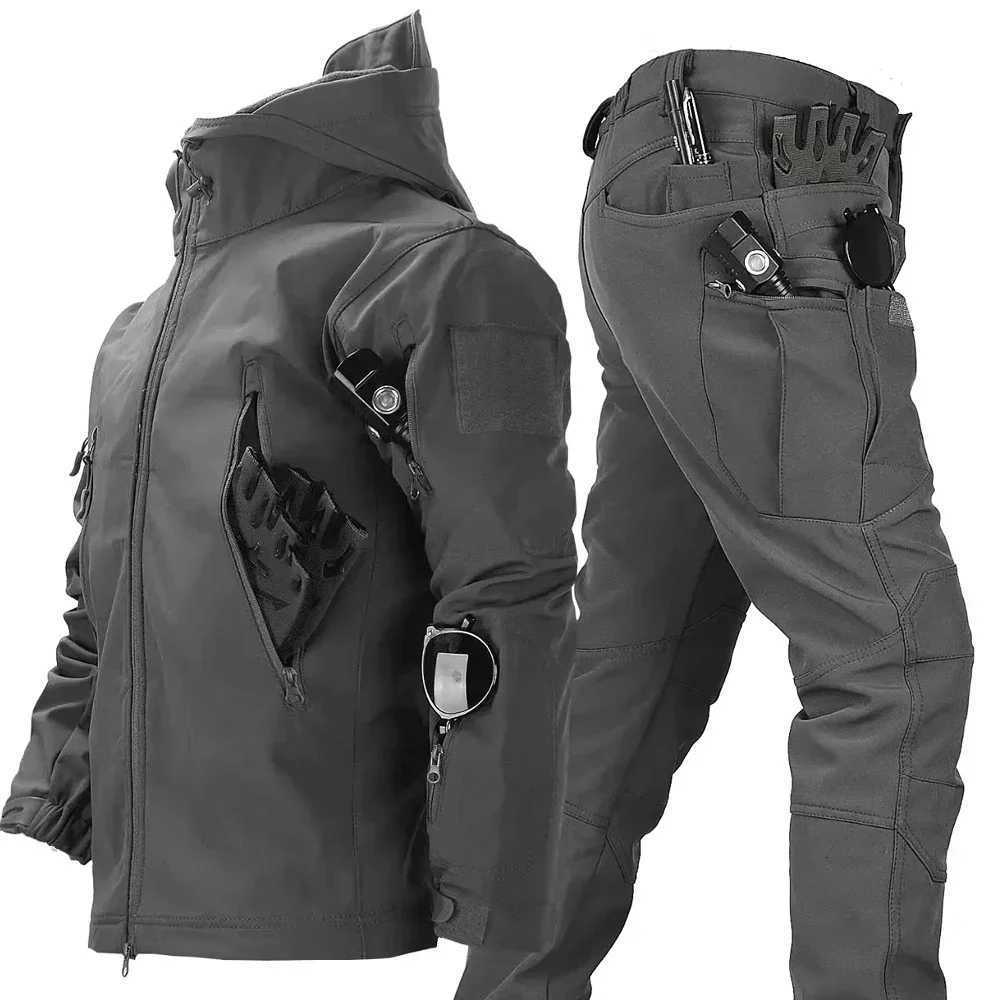 2025 Suits for Men Winter Tactical Sets Shark Skin Biker Jacket Hoodie Pants 2 Piece Set Waterproof Workwear Clothes Pockets W250928