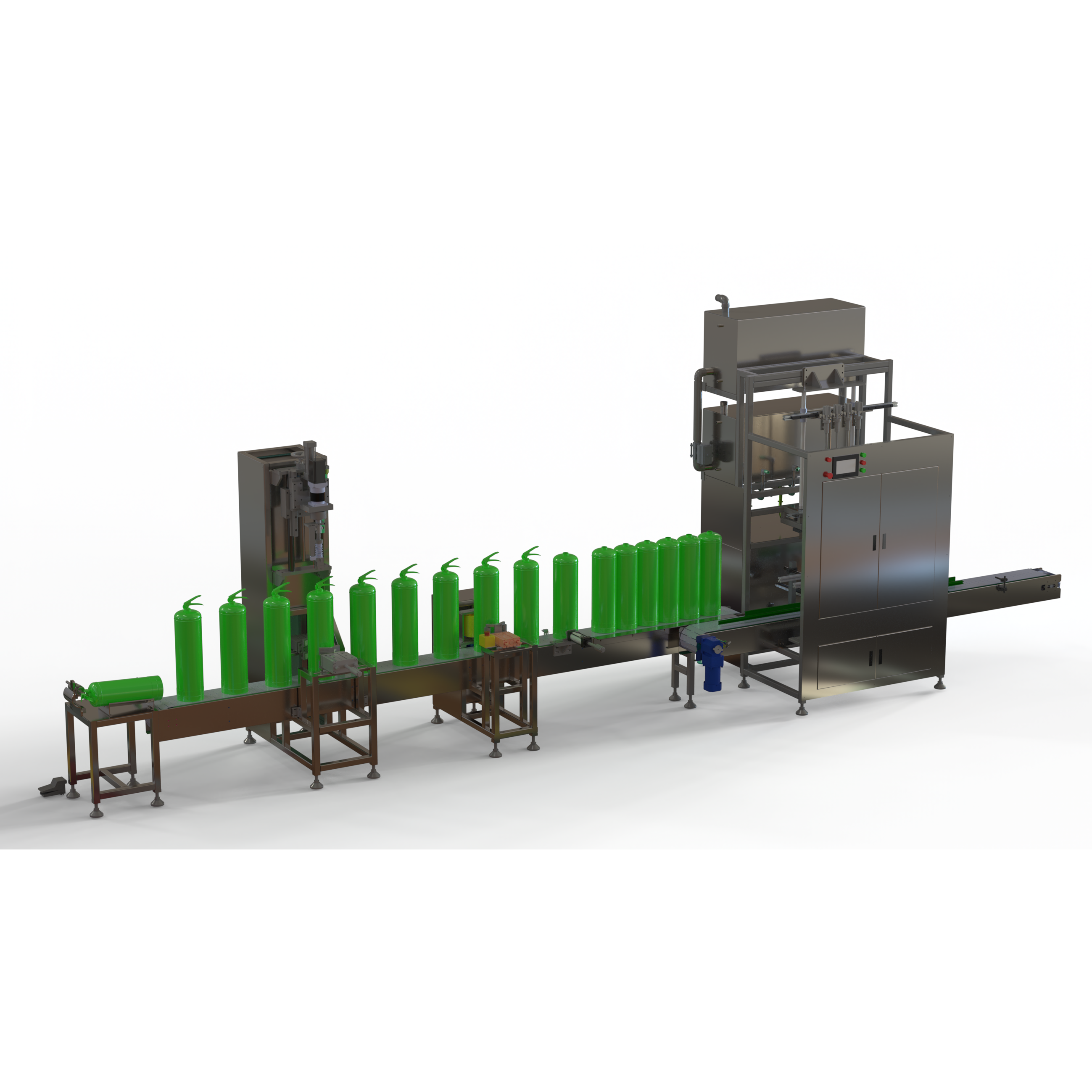 Four-station water-based fire extinguisher filling includes functions such as filling and handle tightening