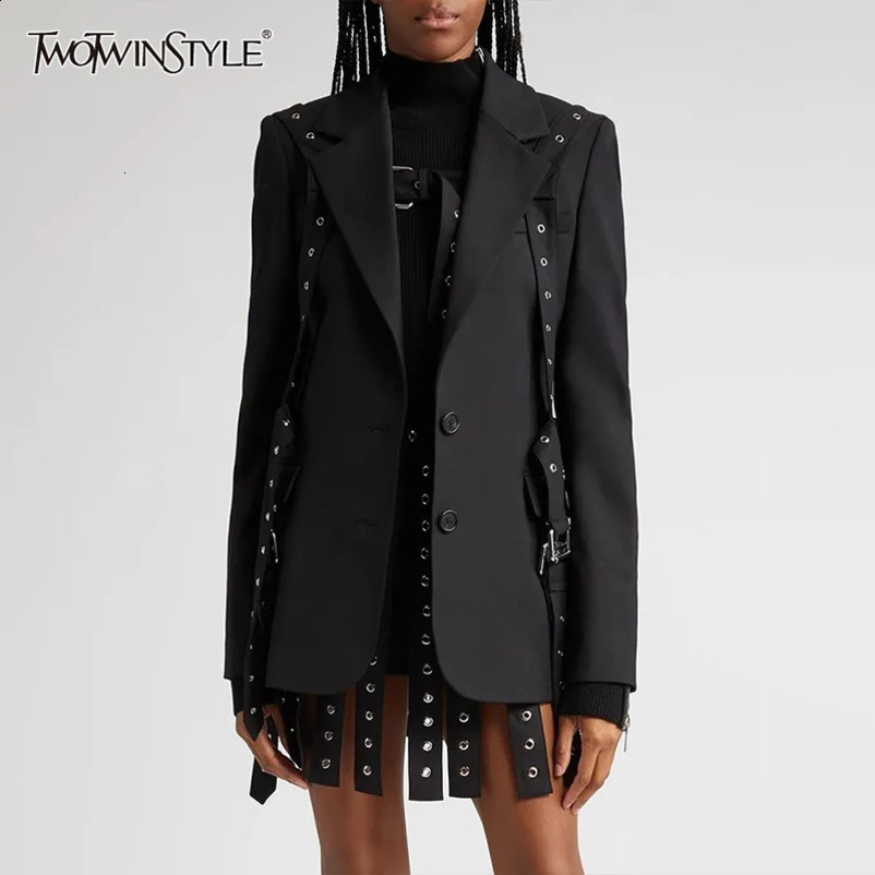 TWOTWINSTYLE Solid Patchwork Belts Blazers For Women Notched Collar Long Sleeve Single Breasted Chic Blazer Female 250106