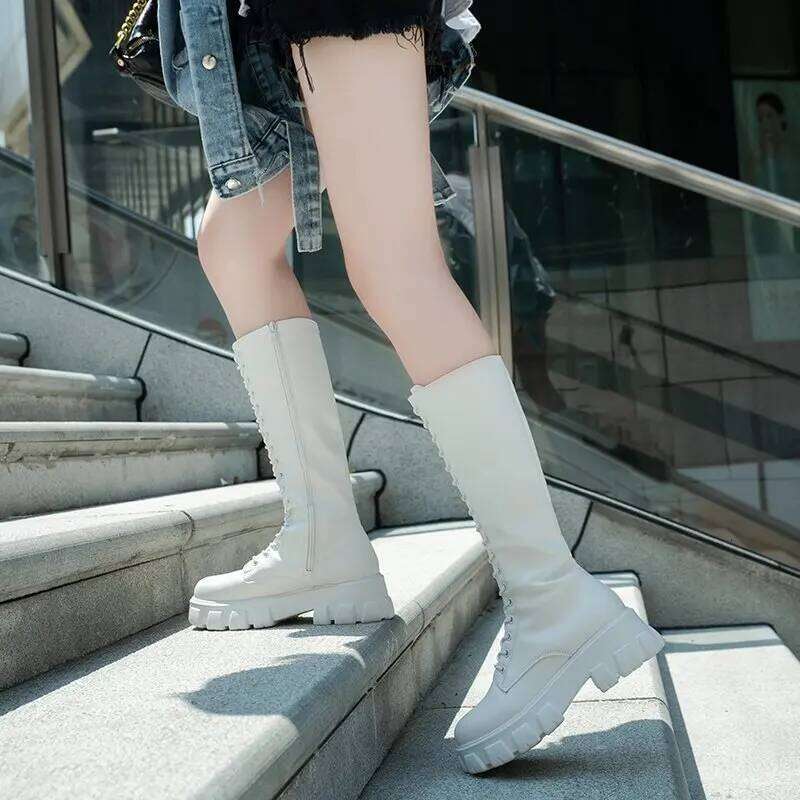 LazySeal Winter Long Boot Women White Lace Up Zip Height Increasing Pu Leather Shoes Plush Botas Mujer Big Size 43