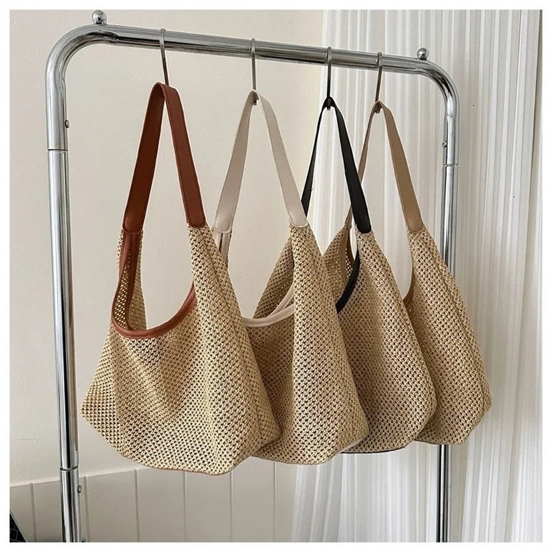 Korea Ins Retro Woven Tote Bags for Women Grass Woven Tote Bag Armpit Bags Large Capacity Single Shoulder Bag Beach Bag Handbags R250421ZYl