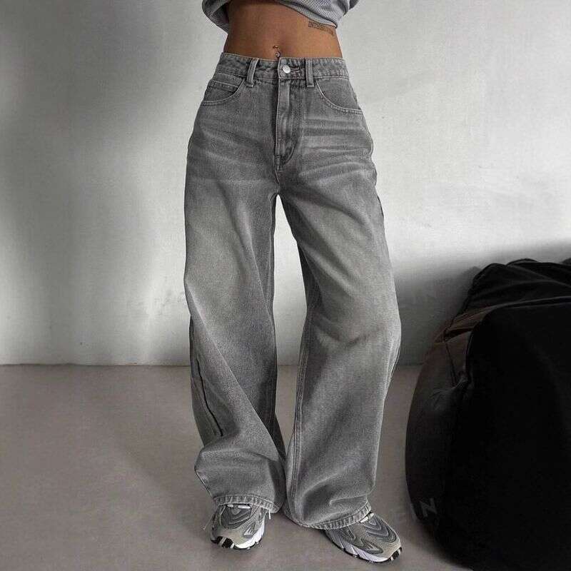 Women's Clothing Street Retro Smoky Gray Washed Jeans Autumn And Winter High Waist Loose Wide Leg Mopping Pants
